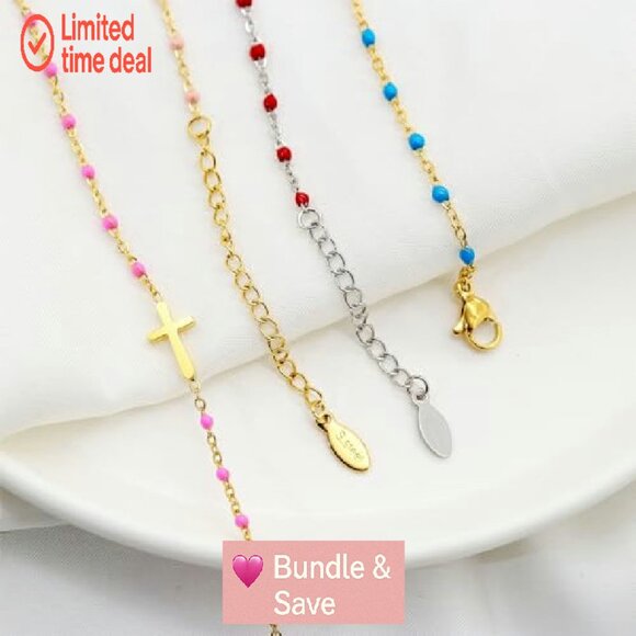 14K Gold Plated Cross Beaded Bracelet Adjustable Stainless Steel Link Chain - Picture 6 of 7